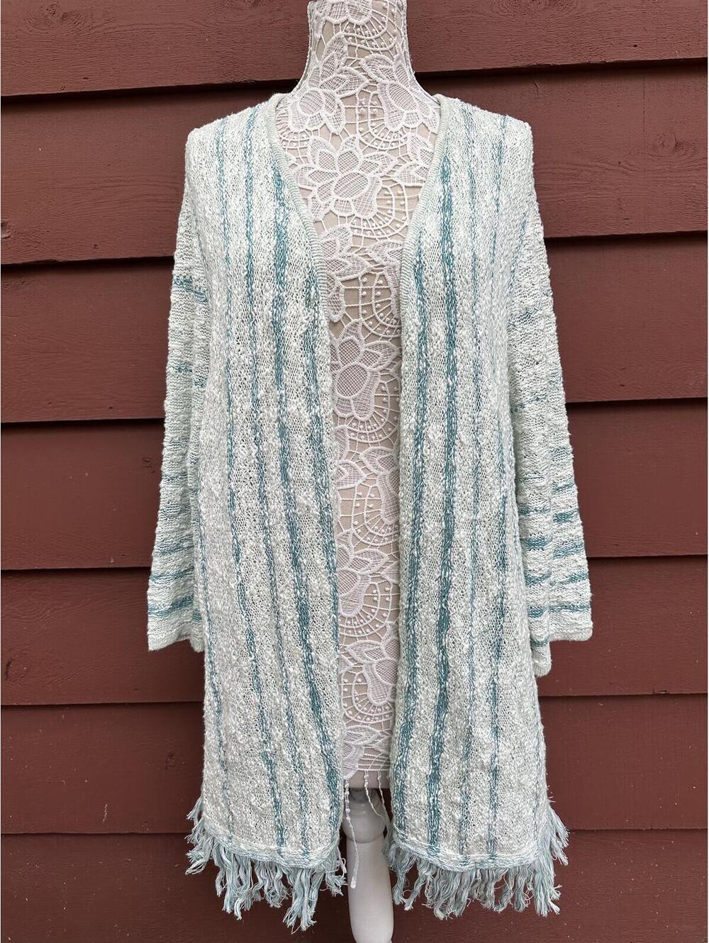 CJ Banks Open Front Boho Cardigan with Fringe Hem in White and Blue‎